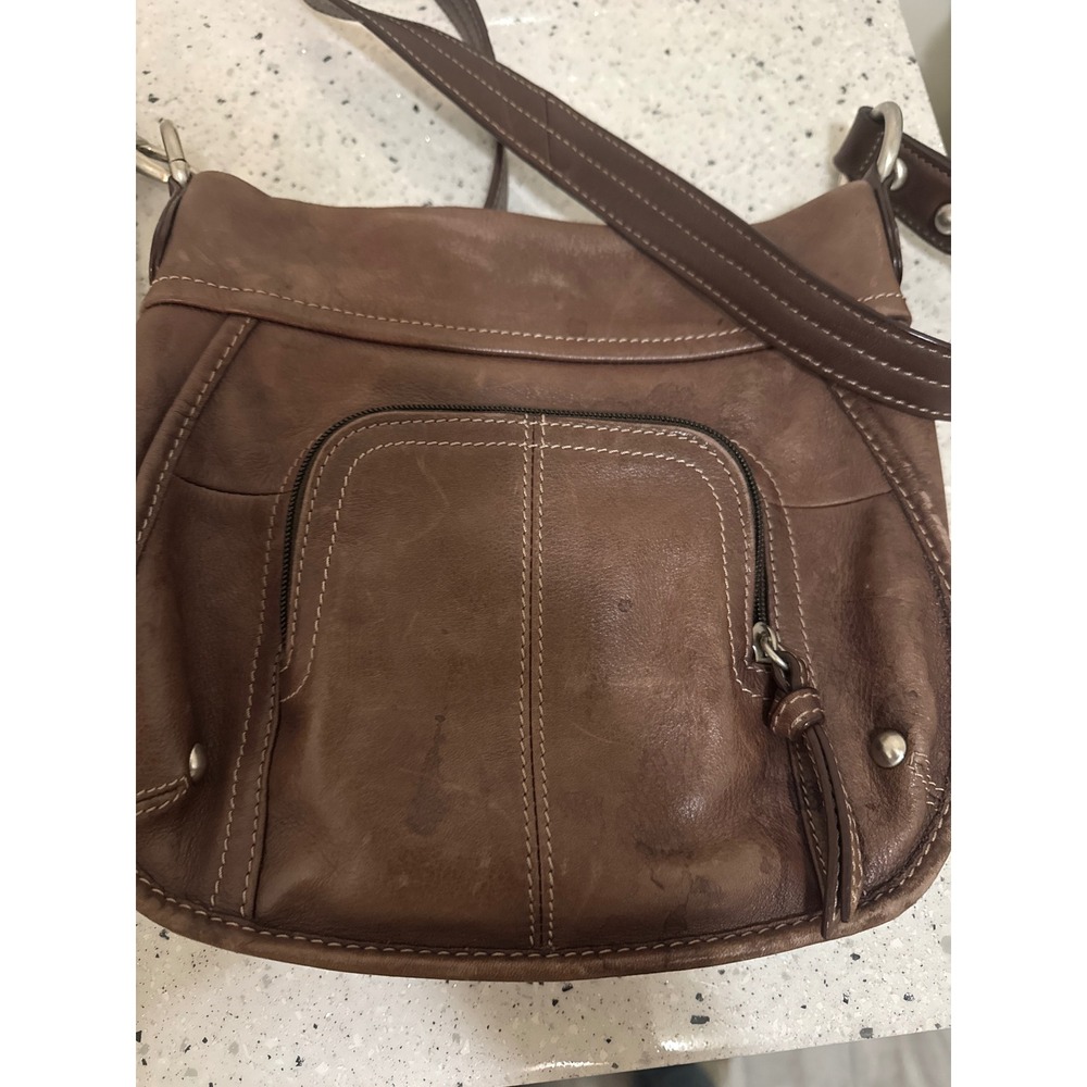 VTG Clarks Brown Genuine Leather Crossbody Bag Striped Lining Organizer Pocket